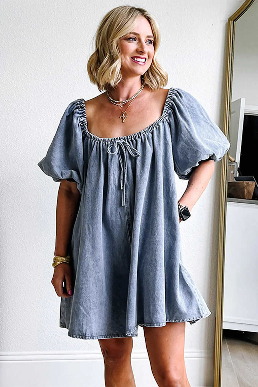 Myosotis Bubble Sleeve Denim Babydoll Dress