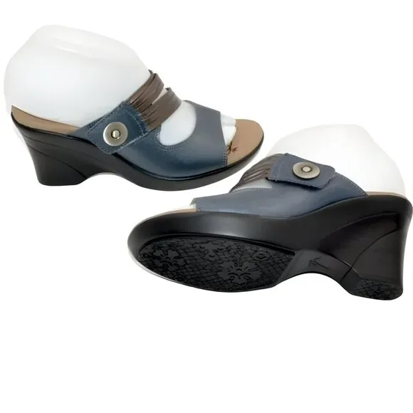 NEW Dromedaris Navy Blue Bronze Copper Leather Comfort Wedges Sandals 36 5.5-6