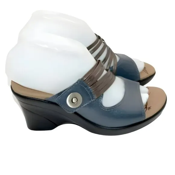 NEW Dromedaris Navy Blue Bronze Copper Leather Comfort Wedges Sandals 36 5.5-6
