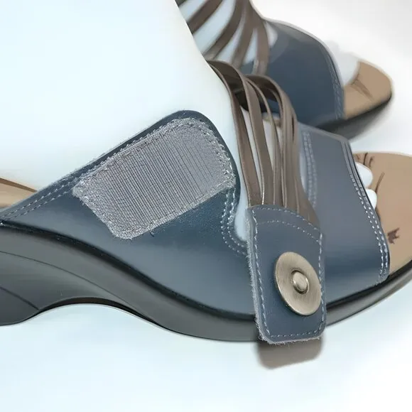 NEW Dromedaris Navy Blue Bronze Copper Leather Comfort Wedges Sandals 36 5.5-6