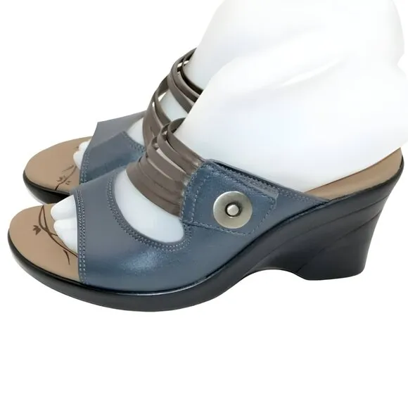 NEW Dromedaris Navy Blue Bronze Copper Leather Comfort Wedges Sandals 36 5.5-6
