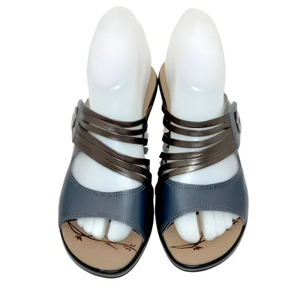 NEW Dromedaris Navy Blue Bronze Copper Leather Comfort Wedges Sandals 36 5.5-6