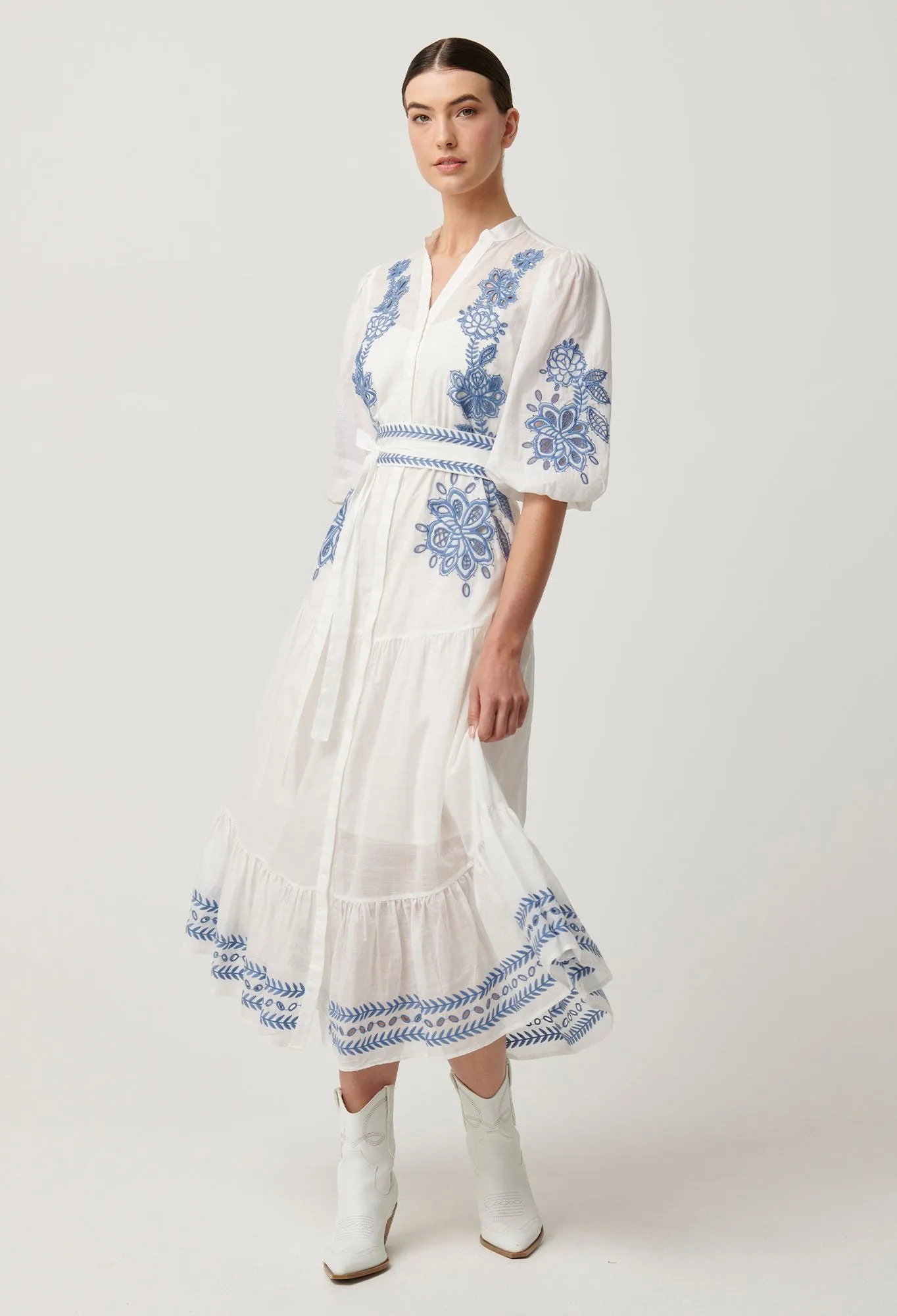 Once Was - Gabriette Embroidered Cotton Slub Dress - Milk