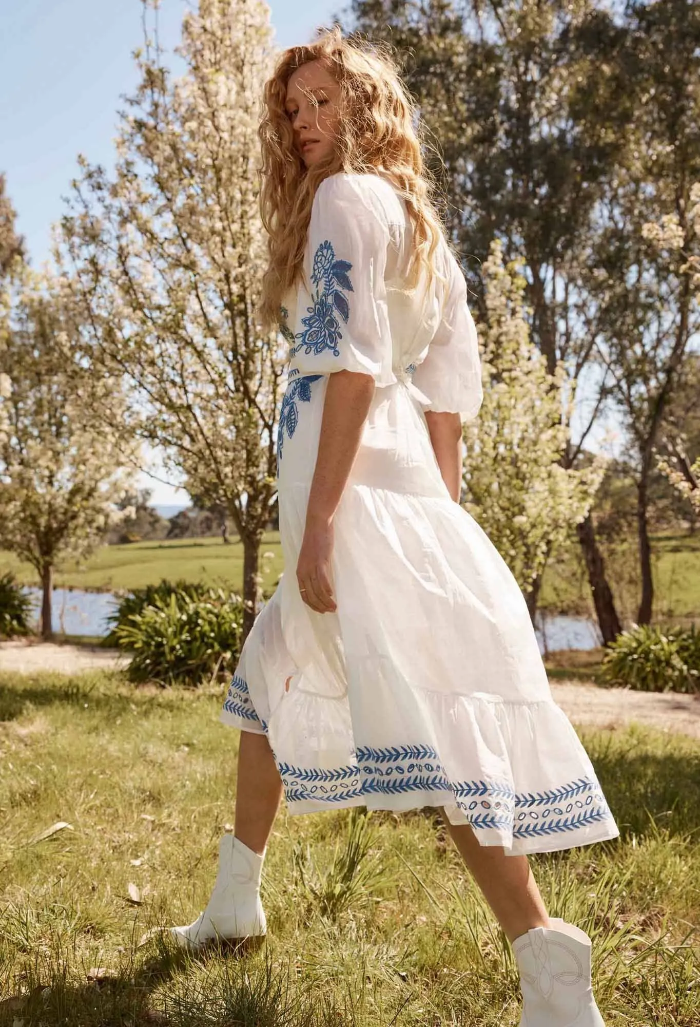 Once Was - Gabriette Embroidered Cotton Slub Dress - Milk