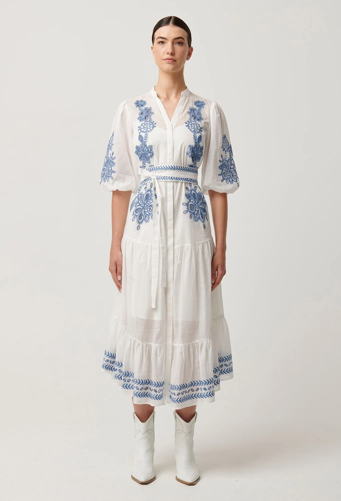 Once Was - Gabriette Embroidered Cotton Slub Dress - Milk