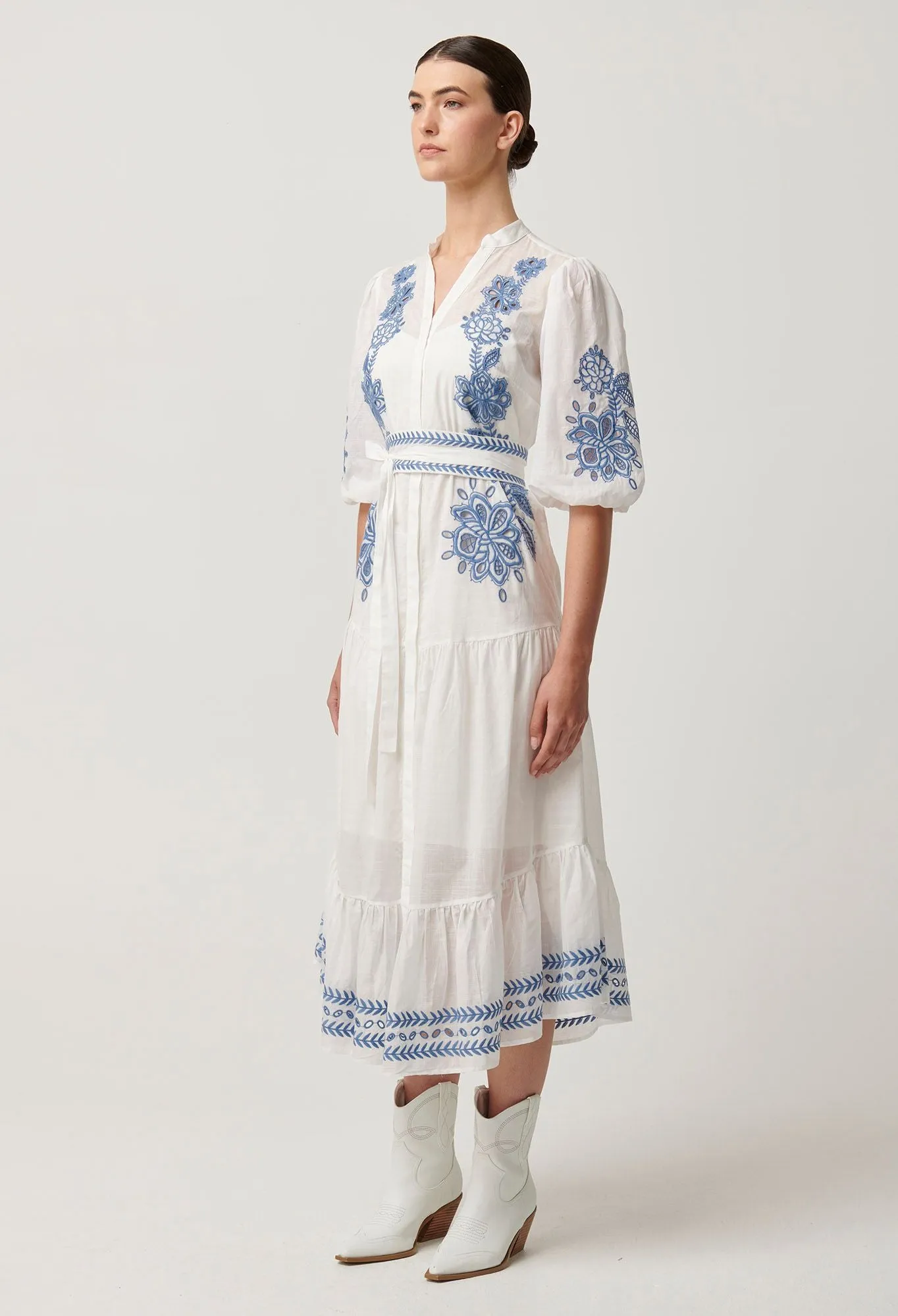 Once Was - Gabriette Embroidered Cotton Slub Dress - Milk