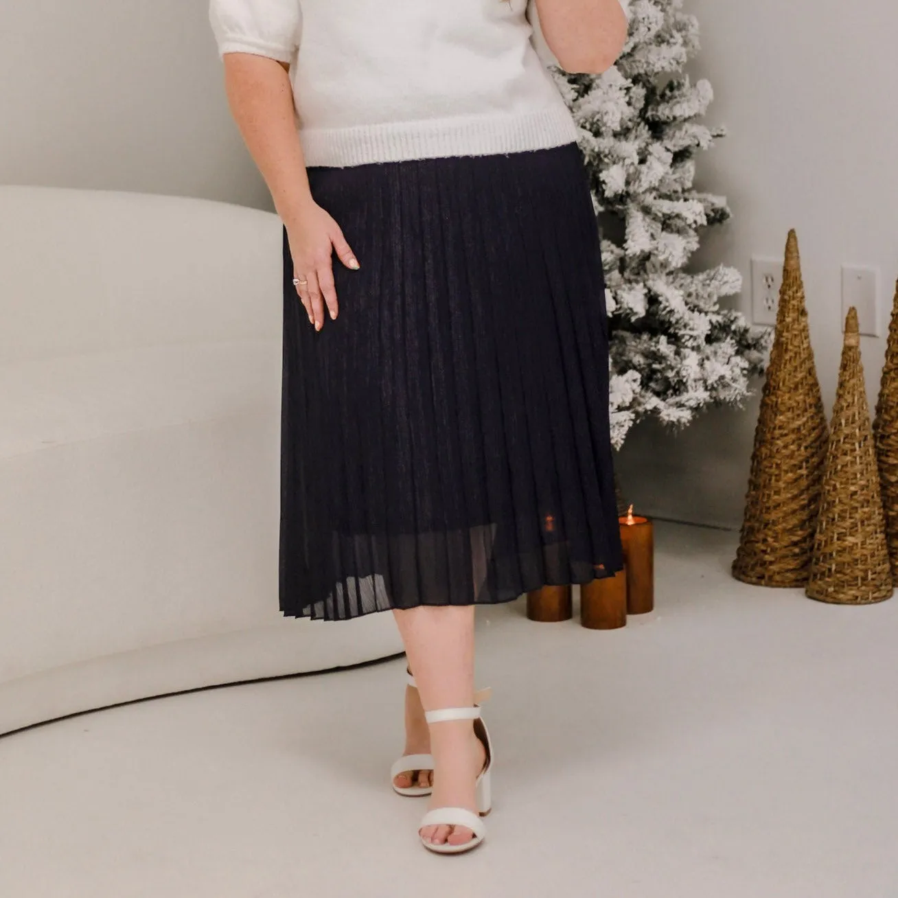 Pleats are Cool Navy Midi Skirt