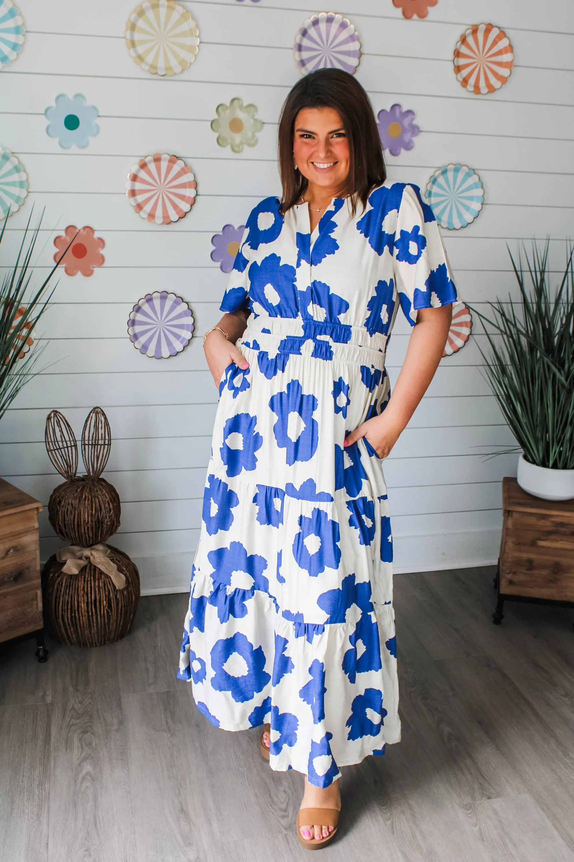 Poppy Floral Pocket Dress • Ivory/Blue - PLUS