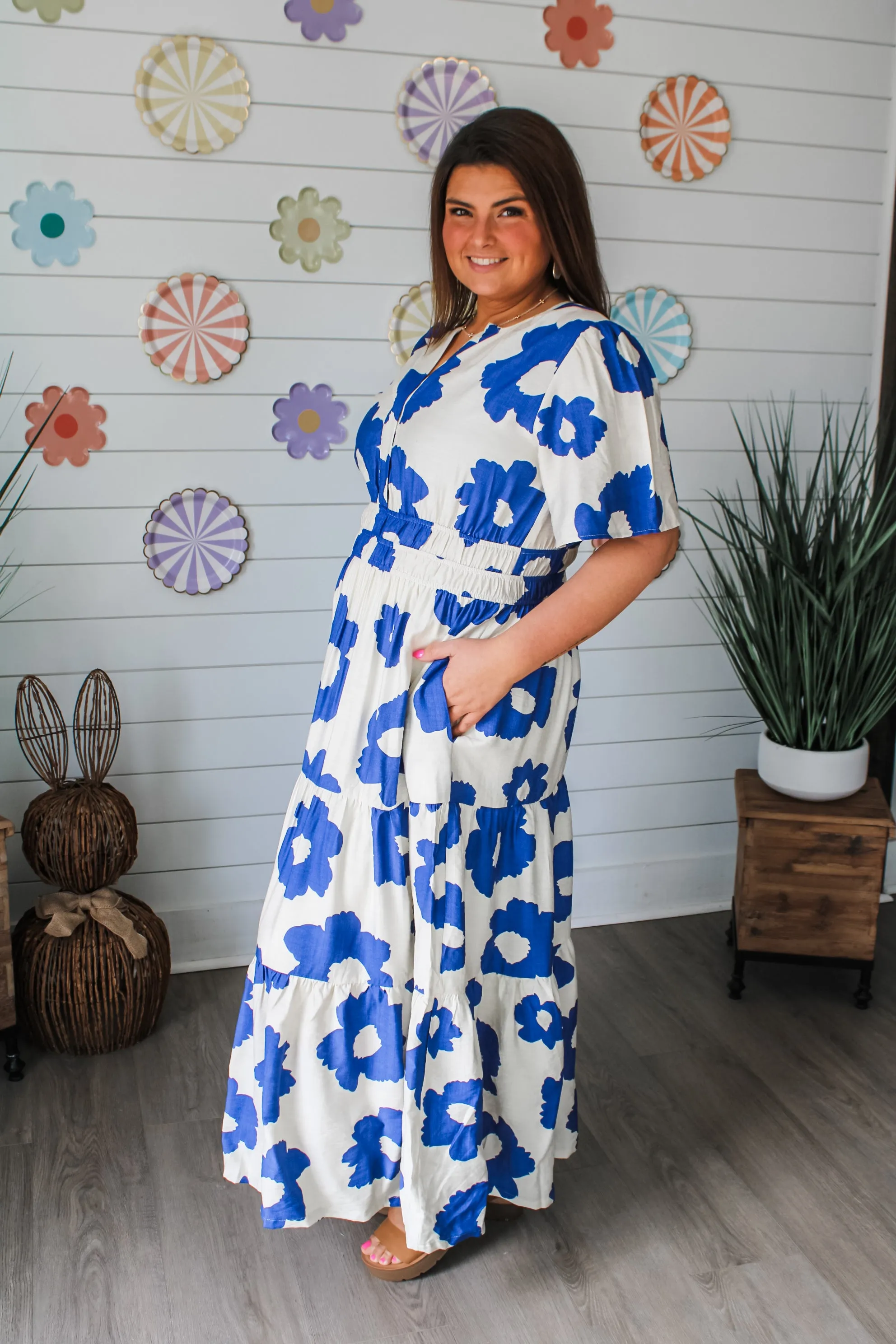Poppy Floral Pocket Dress • Ivory/Blue - PLUS