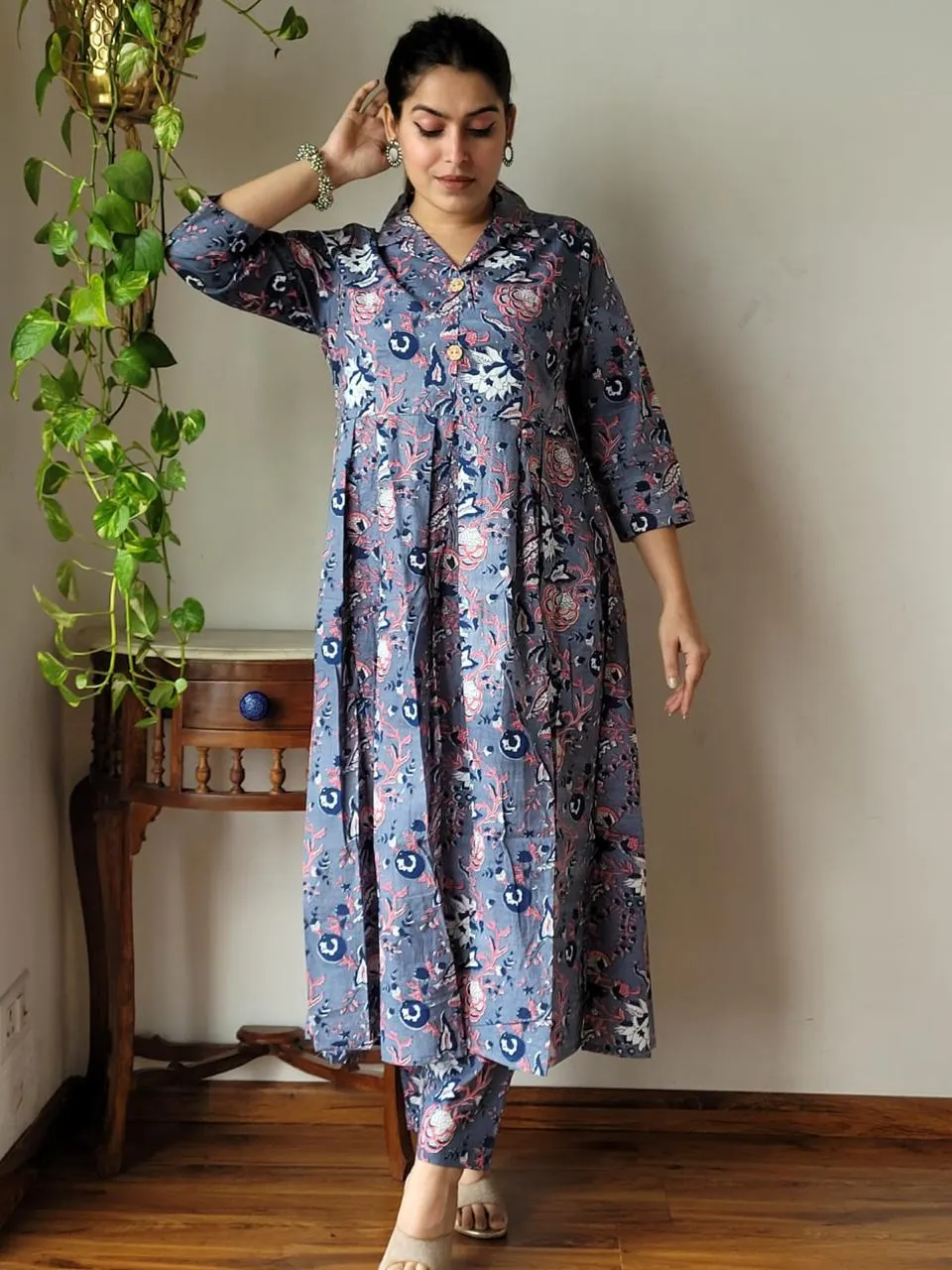 Purple Pink Floral Bagru Print Office Suit Set