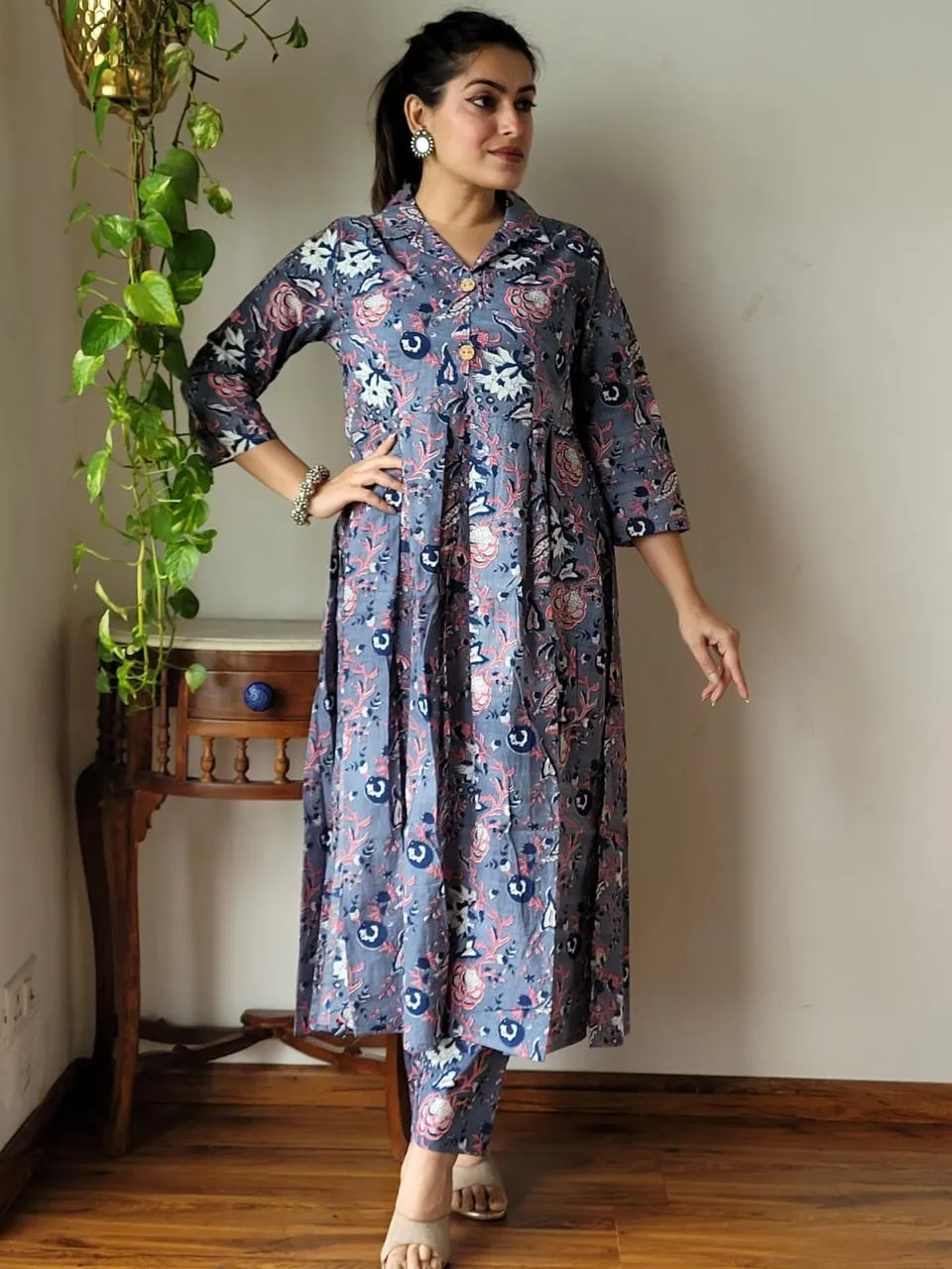 Purple Pink Floral Bagru Print Office Suit Set