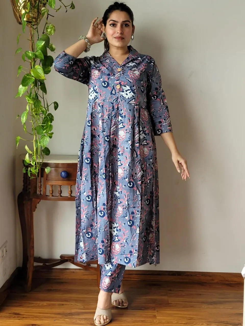 Purple Pink Floral Bagru Print Office Suit Set