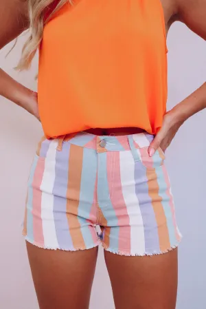 Rainbow Striped Denim Shorts - Pastel