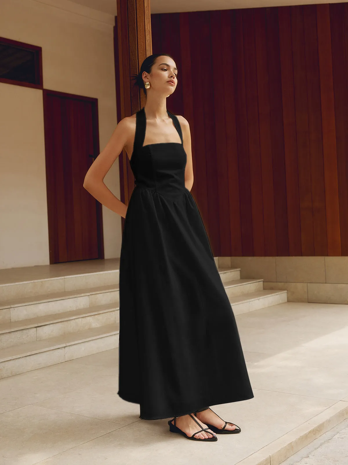Refined Halter Neck A-Line Midi Dress