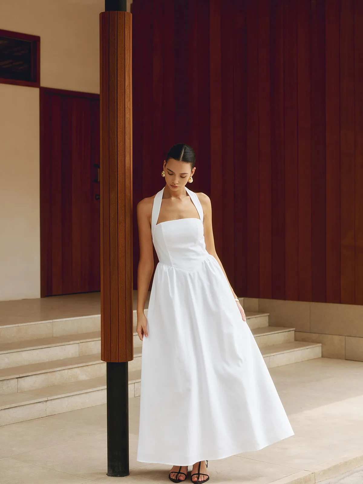Refined Halter Neck A-Line Midi Dress