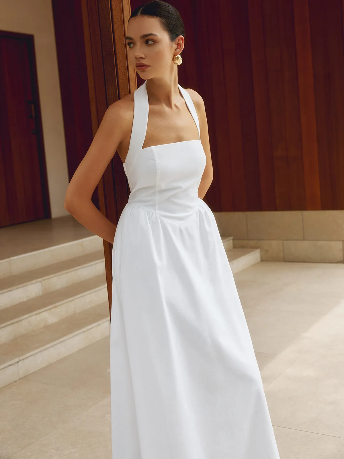 Refined Halter Neck A-Line Midi Dress