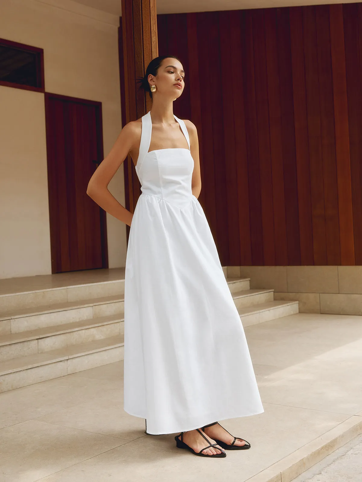 Refined Halter Neck A-Line Midi Dress