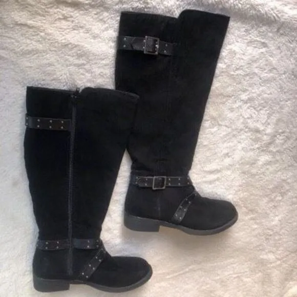 REPORT ARVADA BLACK SUEDE KNEE HIGH ZIP UP WOMENS BOOTS WITH BUCKLE SIZE 5.5