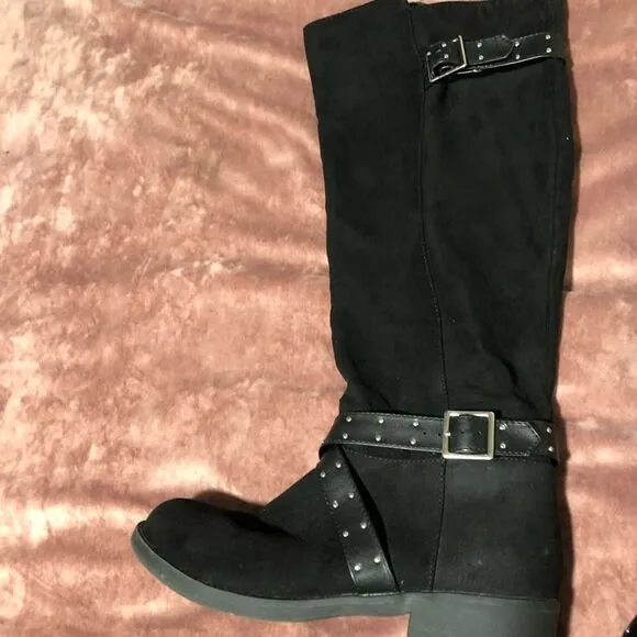 REPORT ARVADA BLACK SUEDE KNEE HIGH ZIP UP WOMENS BOOTS WITH BUCKLE SIZE 5.5