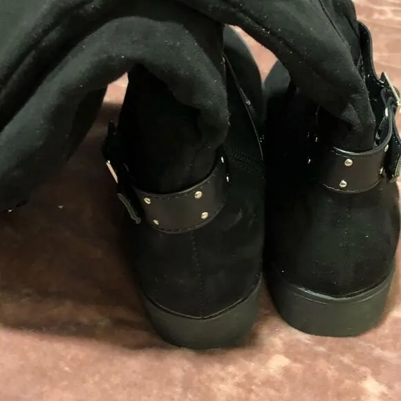 REPORT ARVADA BLACK SUEDE KNEE HIGH ZIP UP WOMENS BOOTS WITH BUCKLE SIZE 5.5