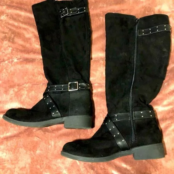 REPORT ARVADA BLACK SUEDE KNEE HIGH ZIP UP WOMENS BOOTS WITH BUCKLE SIZE 5.5