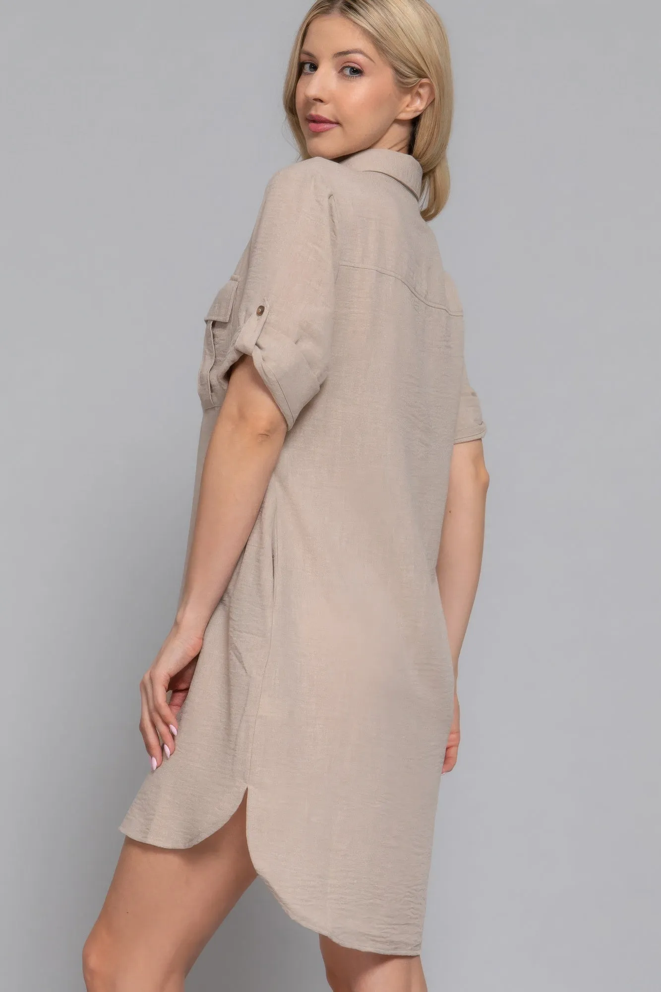 Roll Up Short Slv Straight Linen Effect Mini Dress