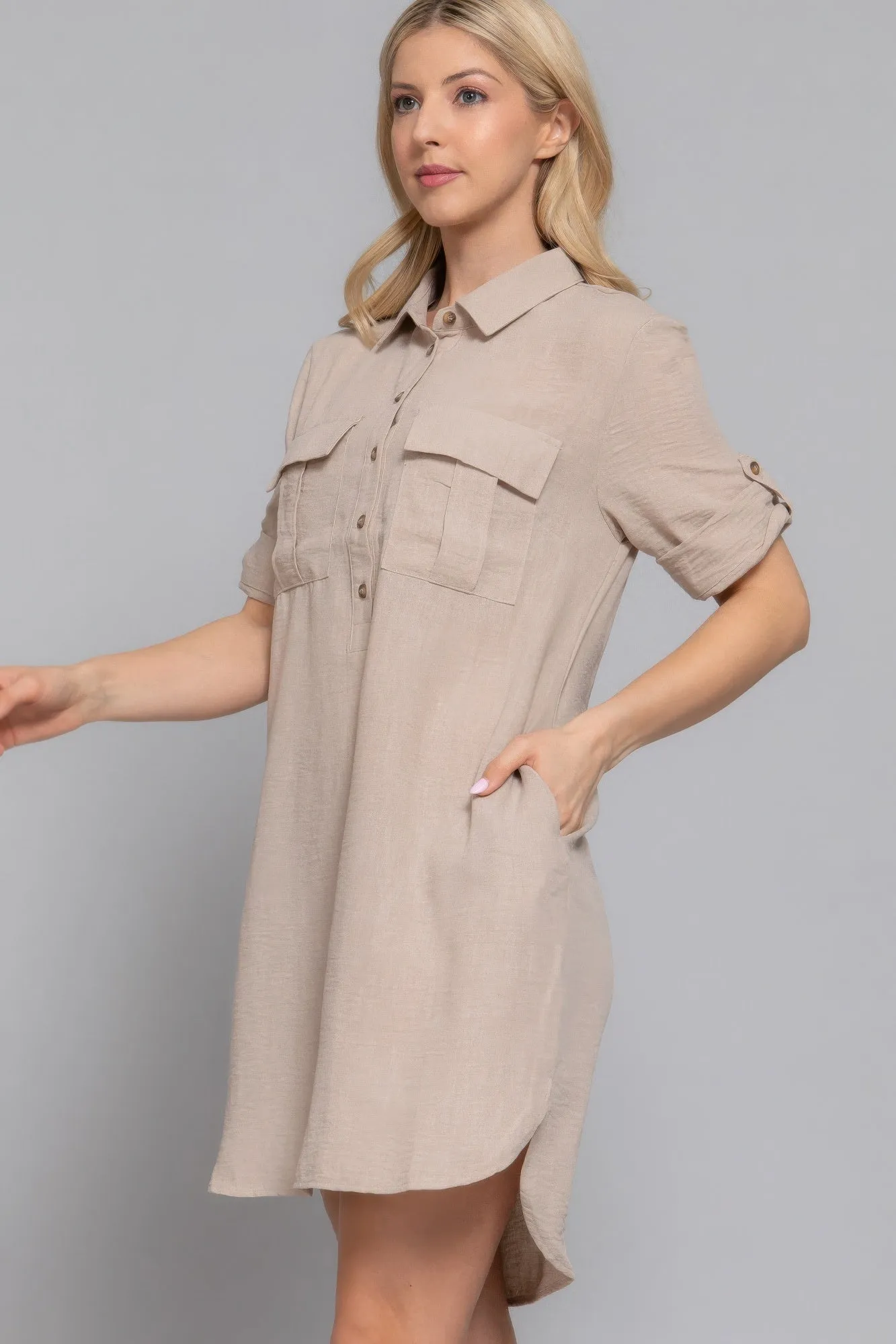 Roll Up Short Slv Straight Linen Effect Mini Dress