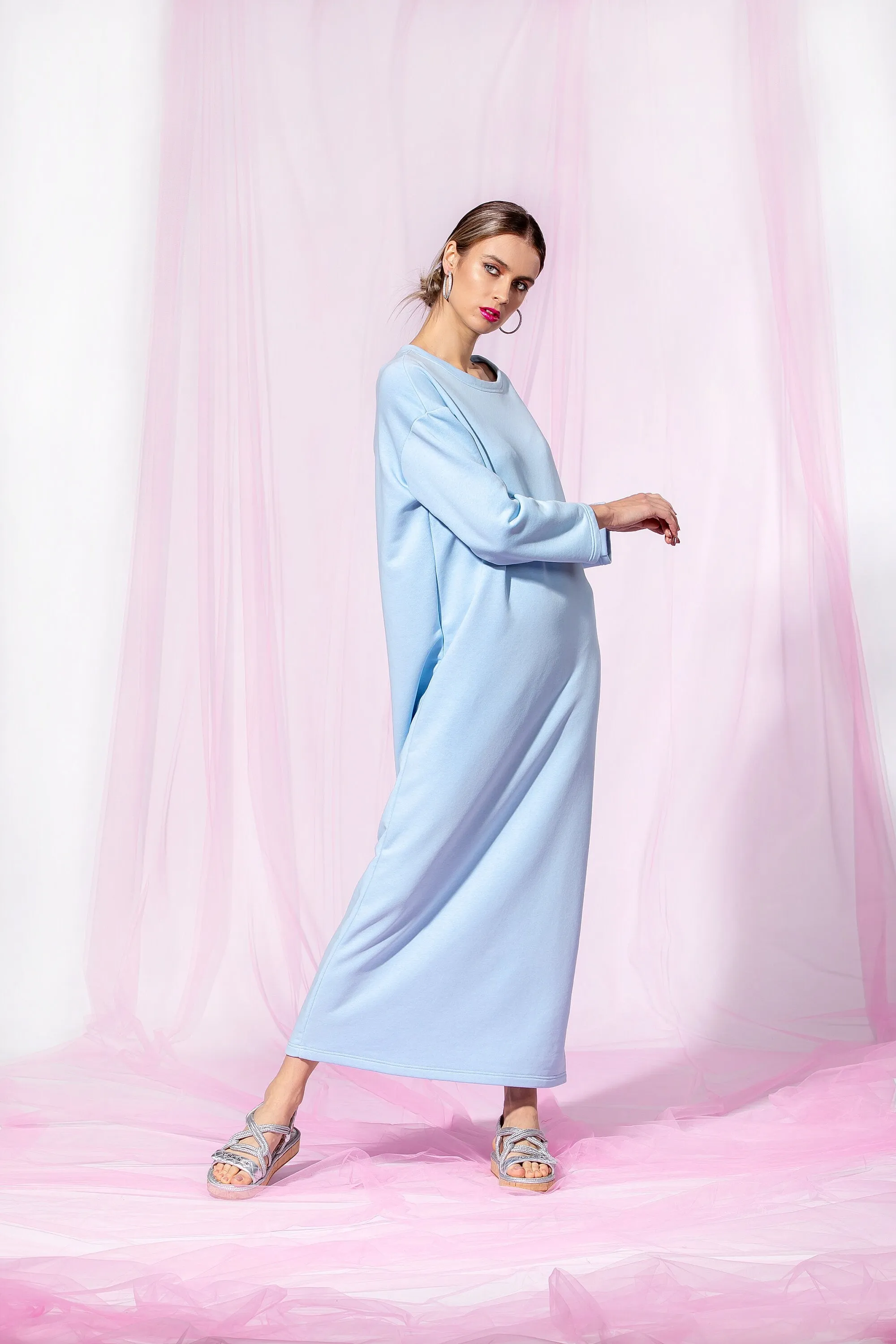 Sky Blue Maxi Dress, Minimalist Dress, Cotton Dress With Long Sleeves, Casual Dress, Loose Fit Dress, Minimalist Clothing, Simple Dress