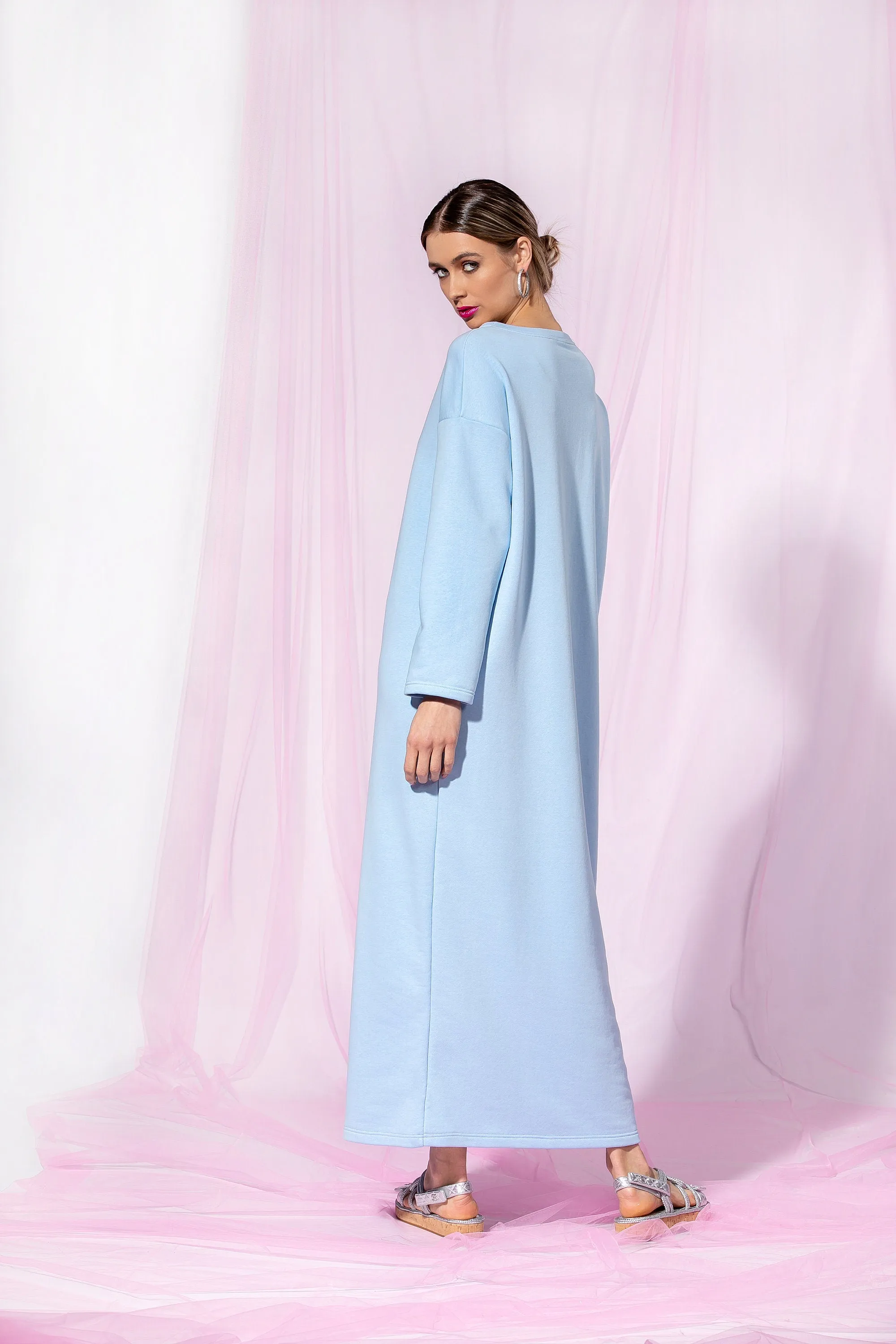 Sky Blue Maxi Dress, Minimalist Dress, Cotton Dress With Long Sleeves, Casual Dress, Loose Fit Dress, Minimalist Clothing, Simple Dress