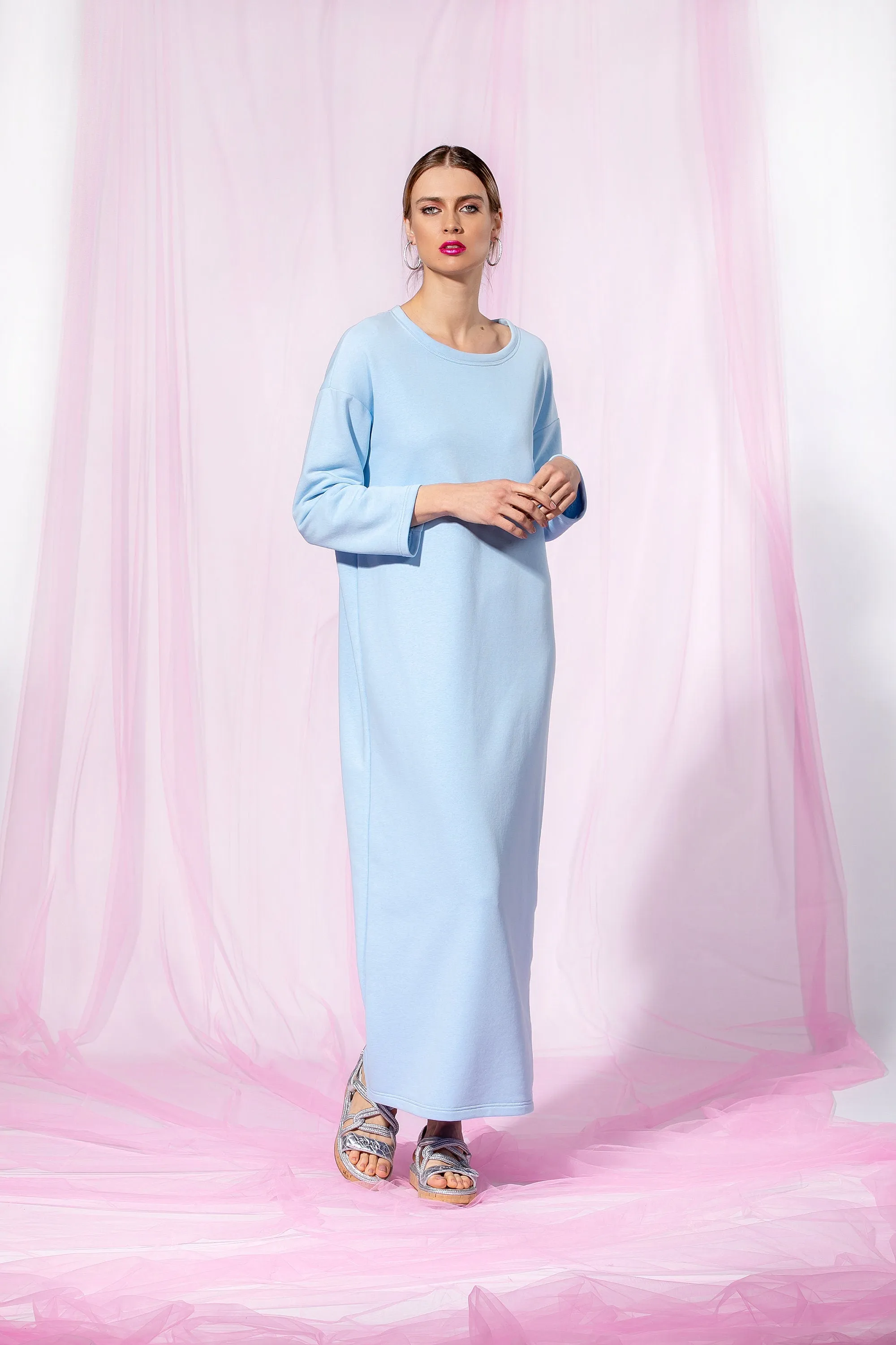Sky Blue Maxi Dress, Minimalist Dress, Cotton Dress With Long Sleeves, Casual Dress, Loose Fit Dress, Minimalist Clothing, Simple Dress