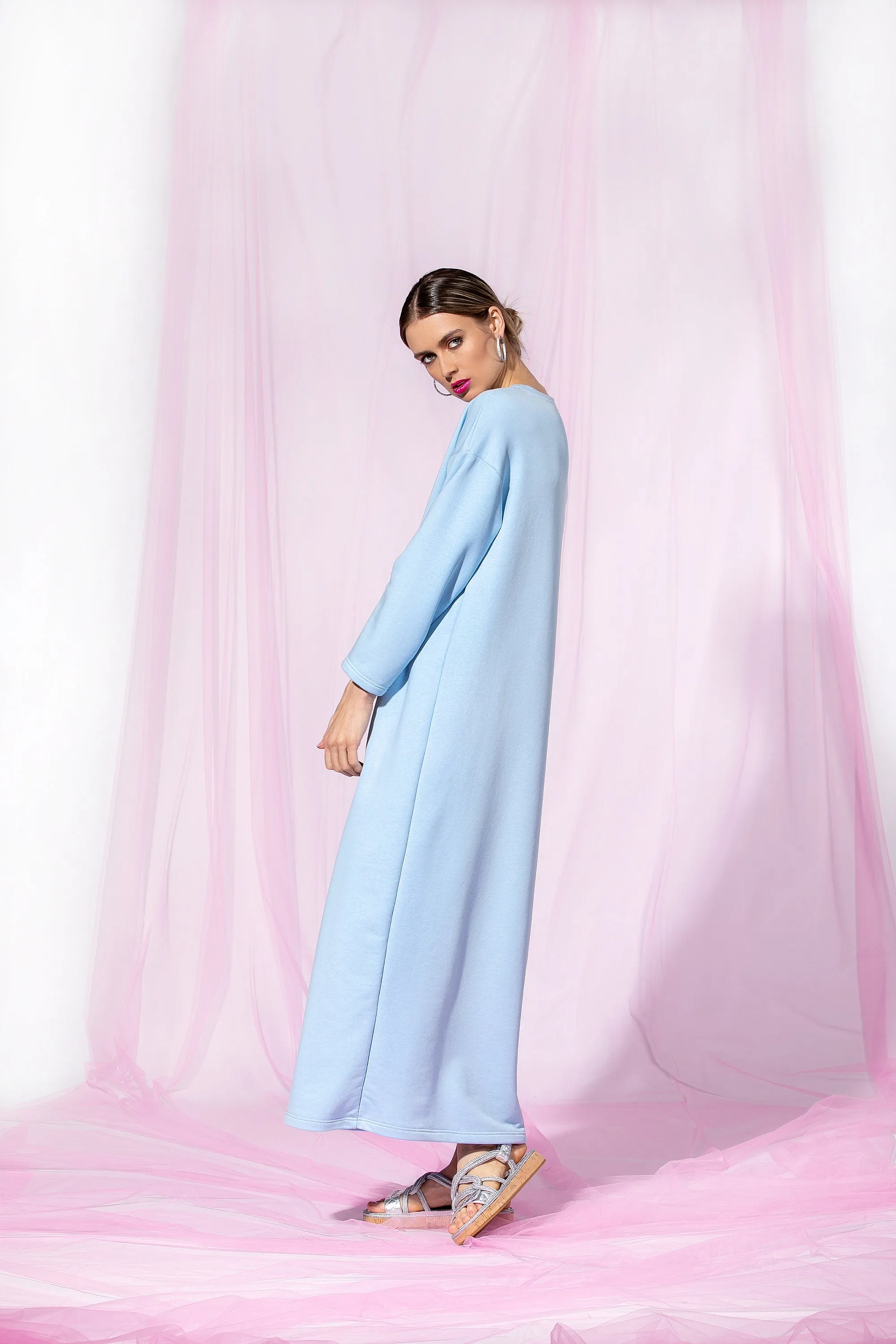 Sky Blue Maxi Dress, Minimalist Dress, Cotton Dress With Long Sleeves, Casual Dress, Loose Fit Dress, Minimalist Clothing, Simple Dress