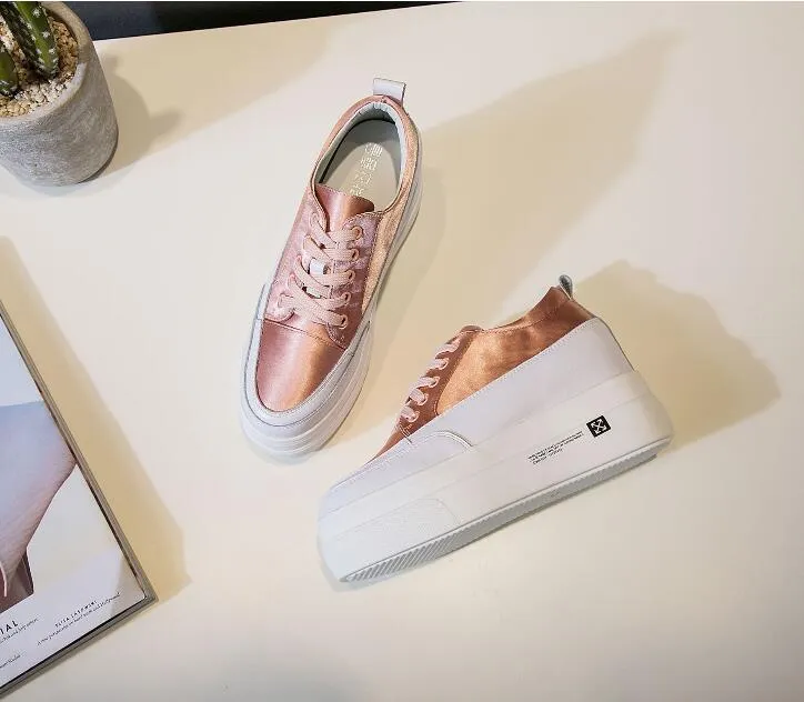 Small Size Thick Sole Silk Satin Lace Up Trainers AS127