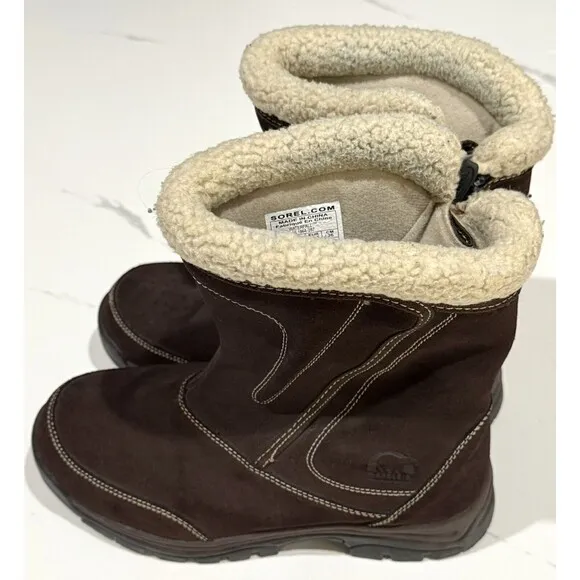 Sorel Waterfall Mid Winter Boots Dark Brown Leather Suede Womens Size 9.5 Snow