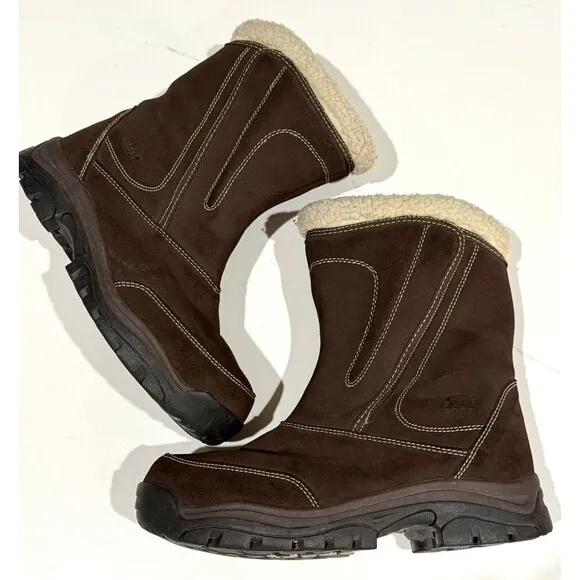 Sorel Waterfall Mid Winter Boots Dark Brown Leather Suede Womens Size 9.5 Snow