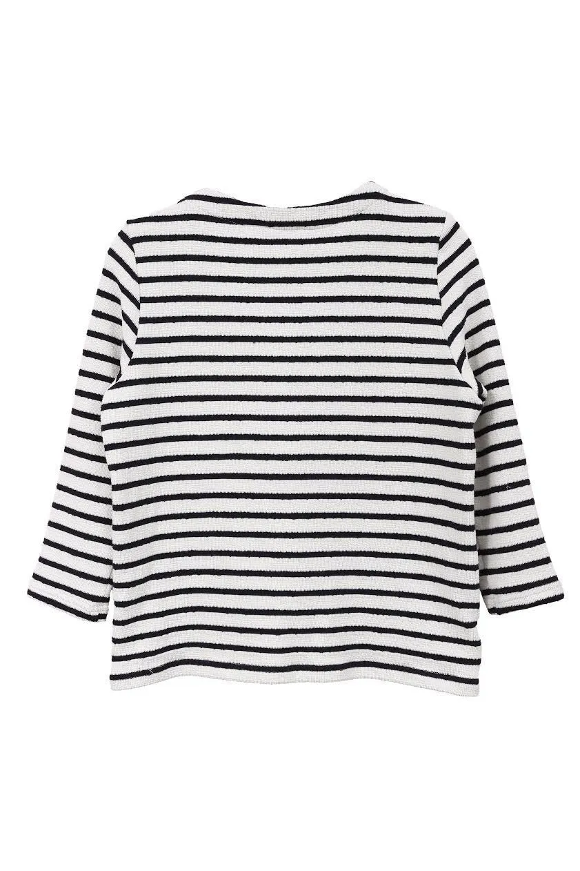 Striped 3/4 Length Sleeve Lace Front Top in White & Blue