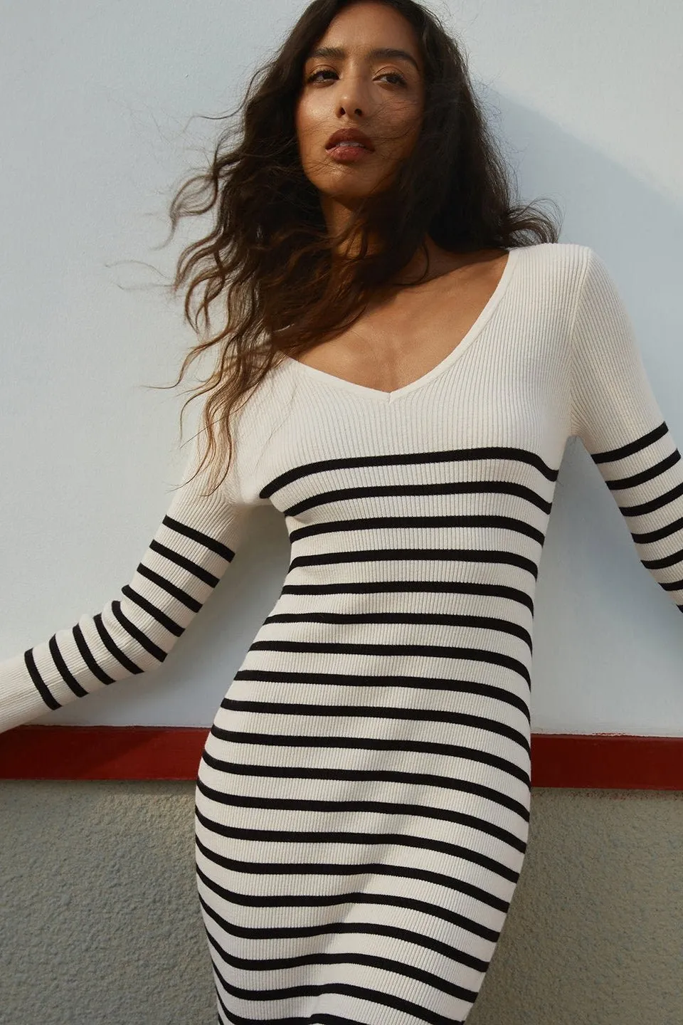 Striped Knit Dress with Bell Cuffs