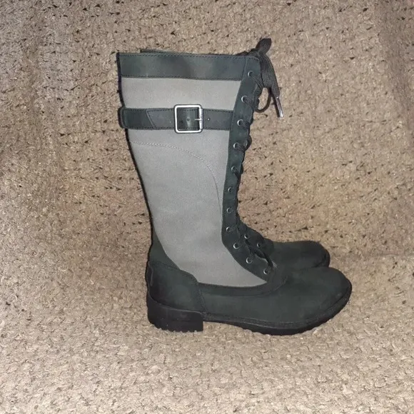 UGG-Brystl-Grey Black Leather-Fur Lined-Waterproof-Side Zip-Sz 5.5-Near Mint