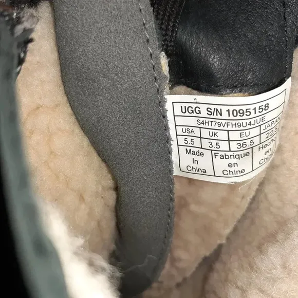 UGG-Brystl-Grey Black Leather-Fur Lined-Waterproof-Side Zip-Sz 5.5-Near Mint