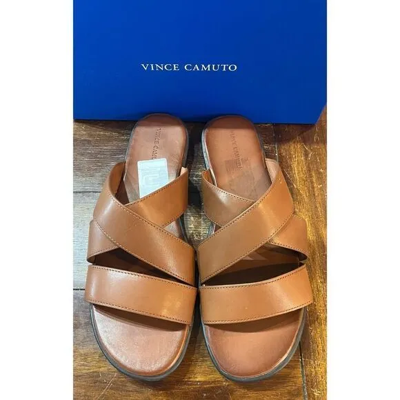 Vince Camuto Mens Brown Crisscross Upper Straps Goring Padded Waely Sandals