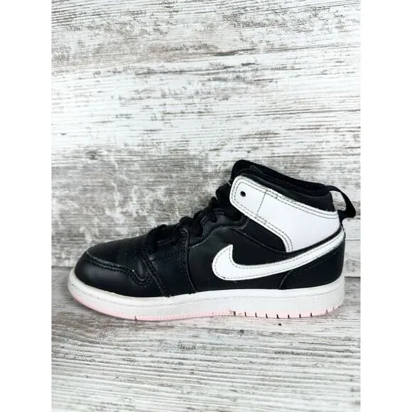 Youth Nike Air Jordan 1 Mid 'Black Arctic Punch' Black Leather Sneakers Sz 13C