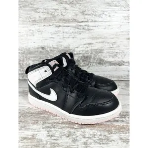 Youth Nike Air Jordan 1 Mid 'Black Arctic Punch' Black Leather Sneakers Sz 13C